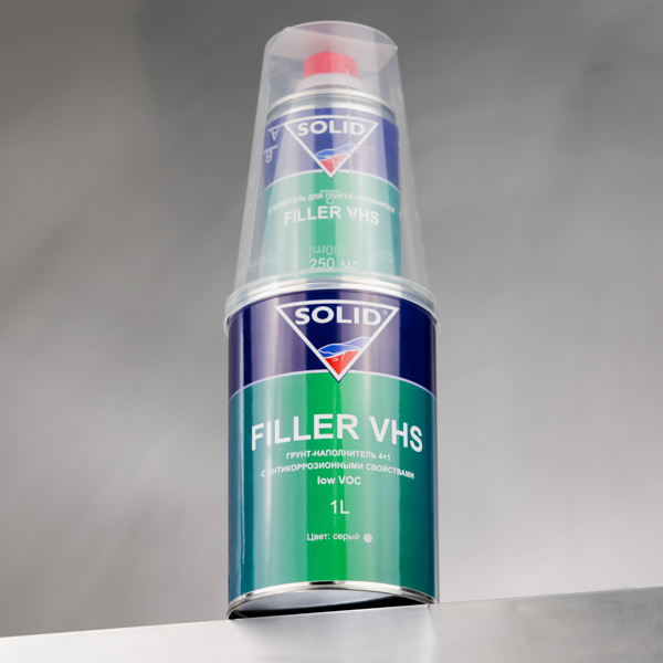 Комплект: грунт акриловый SOLID FILLER VHS Low VOC, 4:1, серый, 1 л  + отвердитель SOLID VHS Low VOC